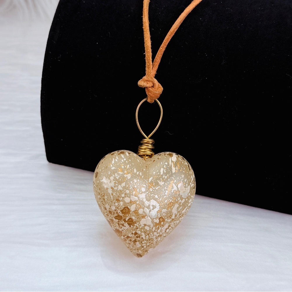 Vintage large puff heart shaped pendant on leather rope neck necklace